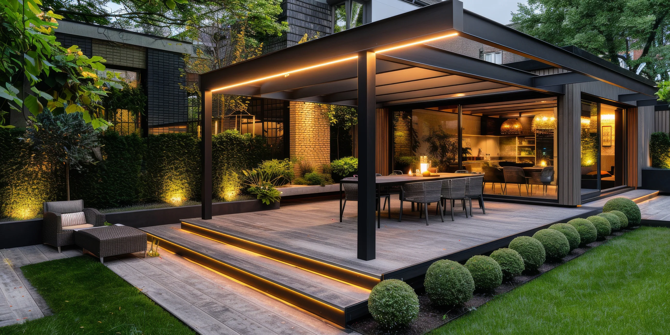 Modern home addition plan extending living space into a garden lounge